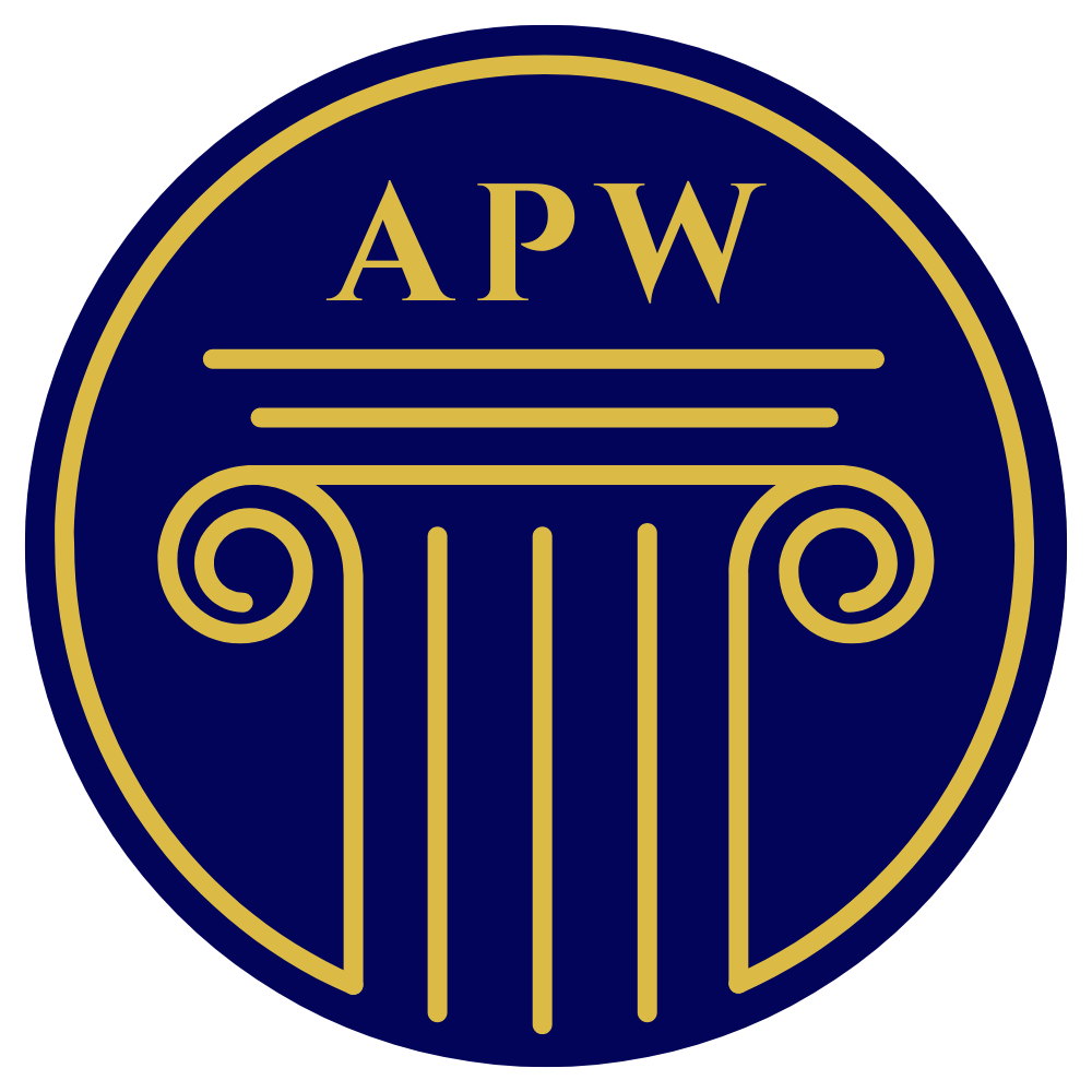 A blue circle with a gold pillar and the word apw on it,  representing Accreditation Program of Wicca.