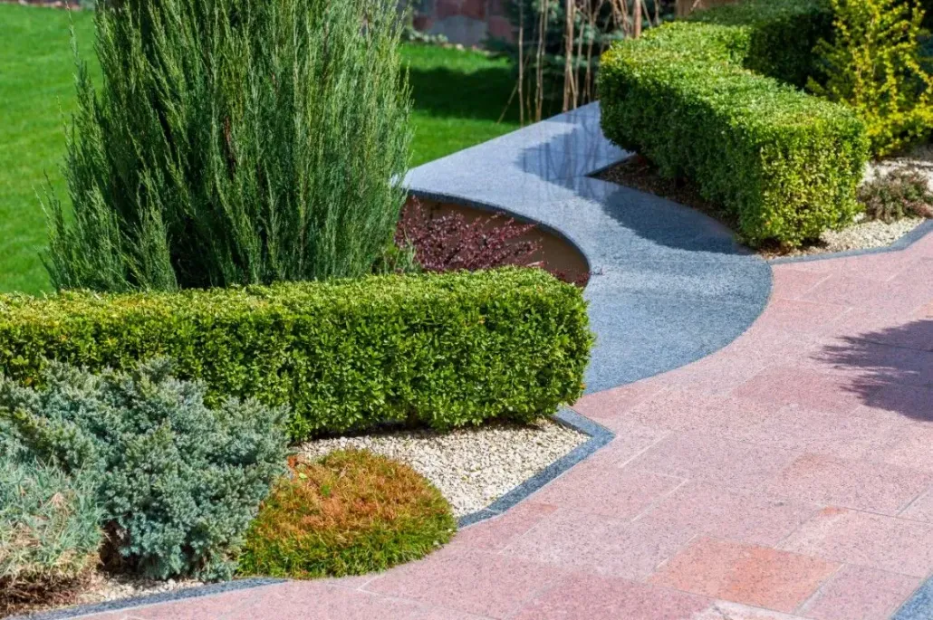 Backyard garden border with white hydrangeas and a stone tile path.
