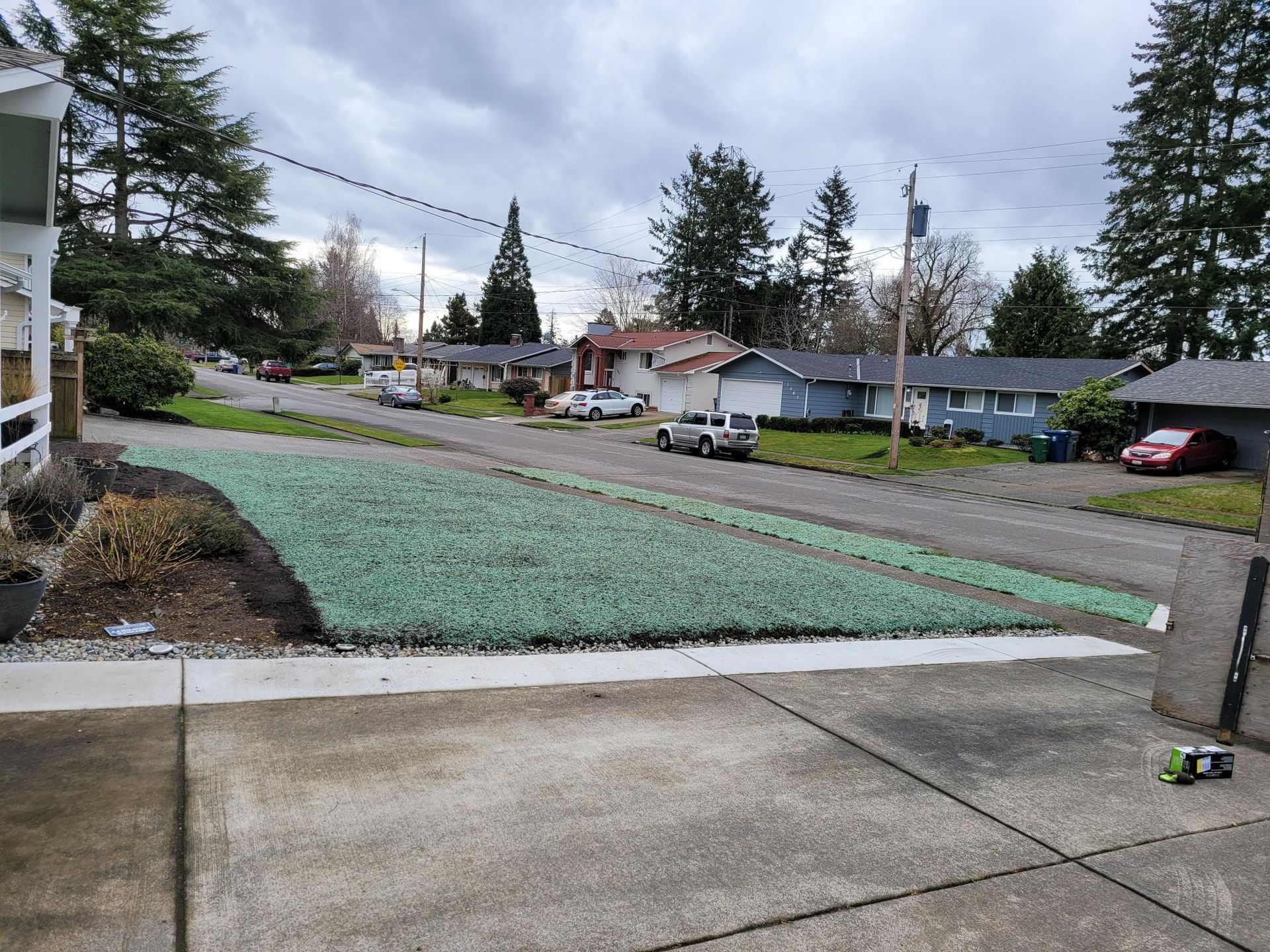 A person is standing on a sidewalk in front of a house.