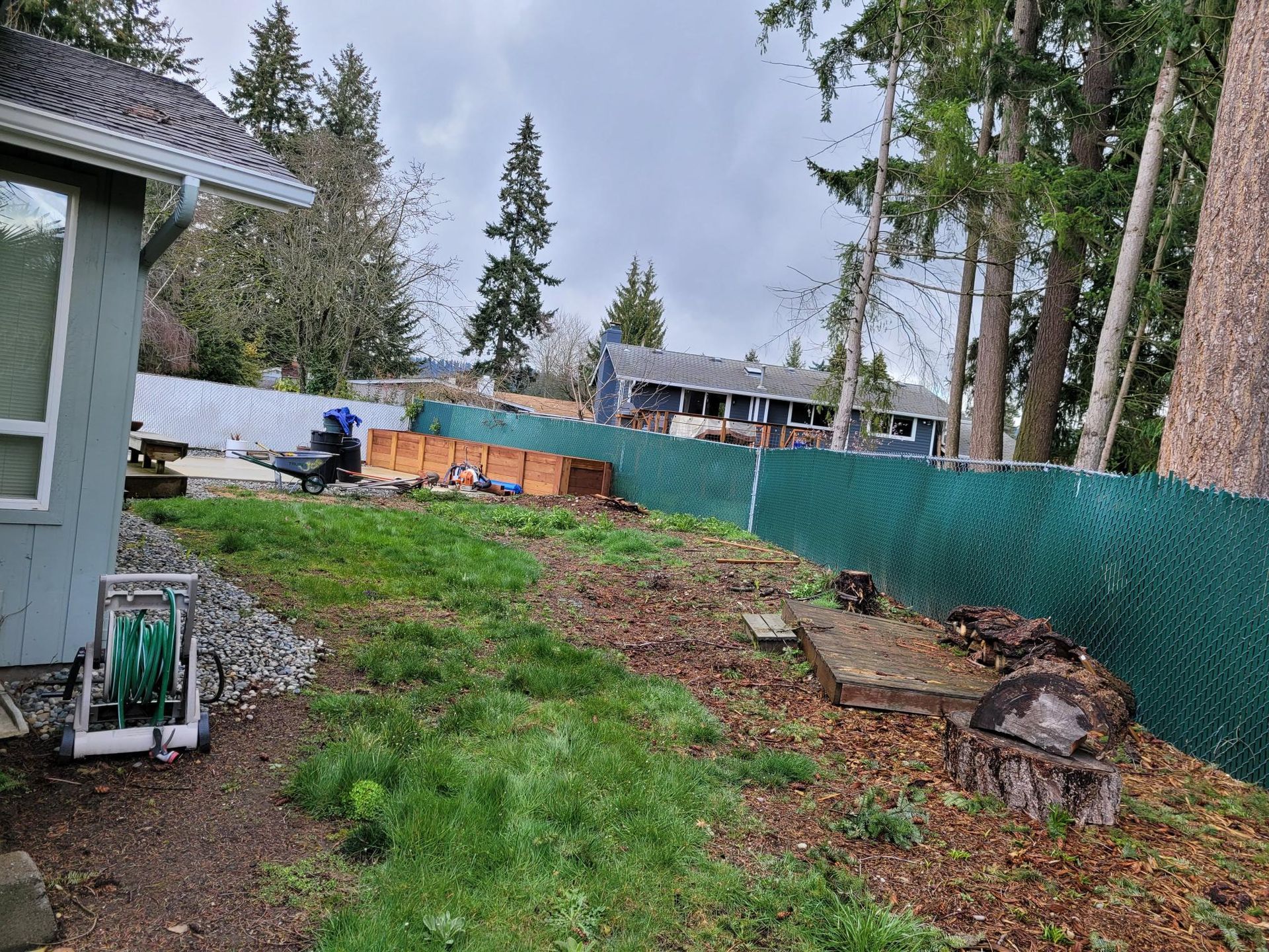 A backyard with a green fence and a house in the background.