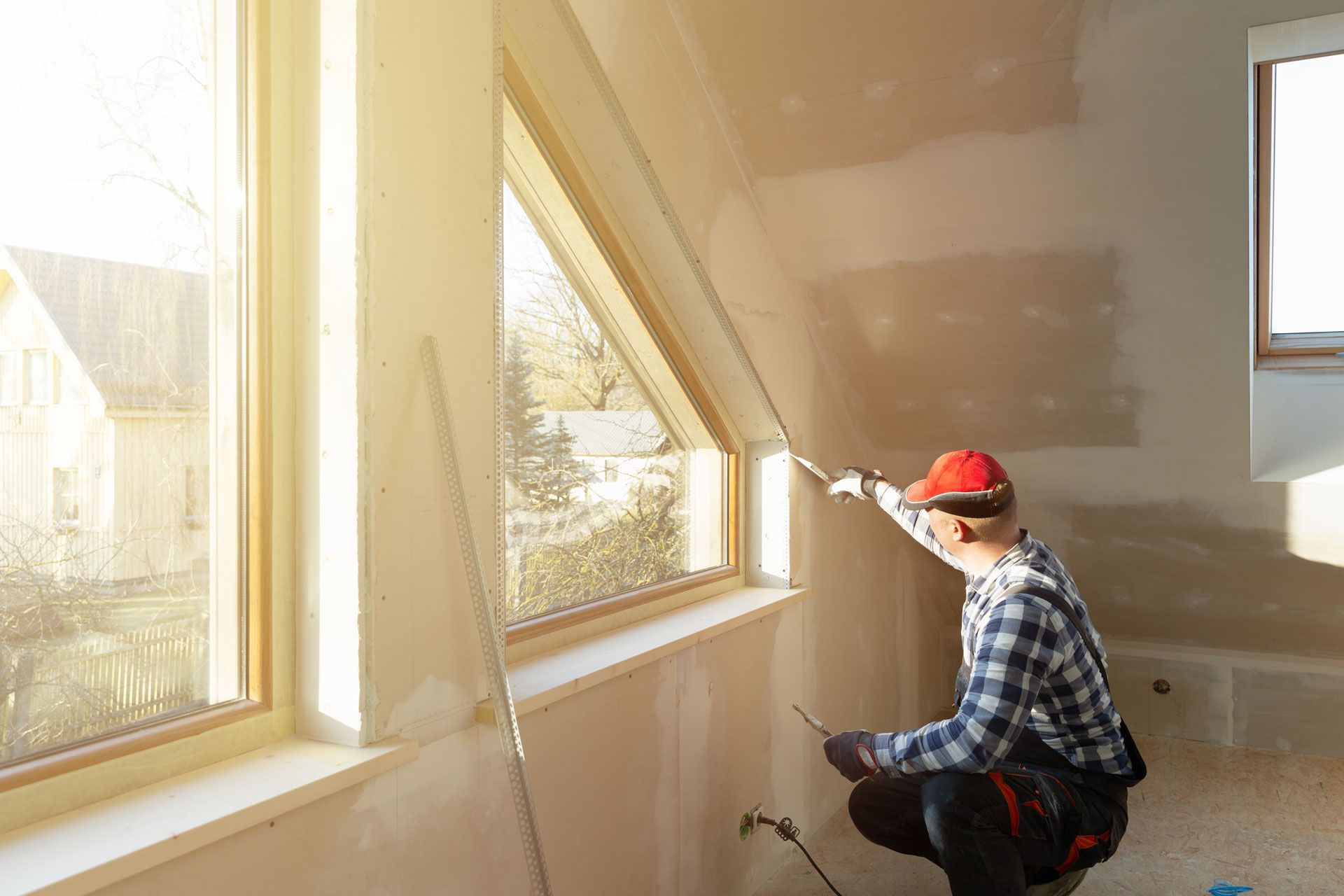 A worker in a red cap and plaid shirt applies plaster around a triangular window frame in a room under construction.