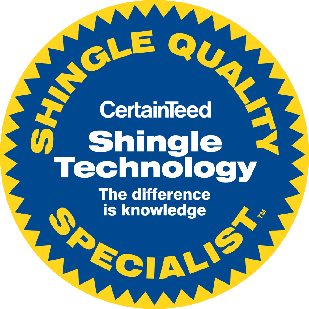 A blue and yellow sticker that says shingle quality certainteed shingle technology the difference is knowledge specialist