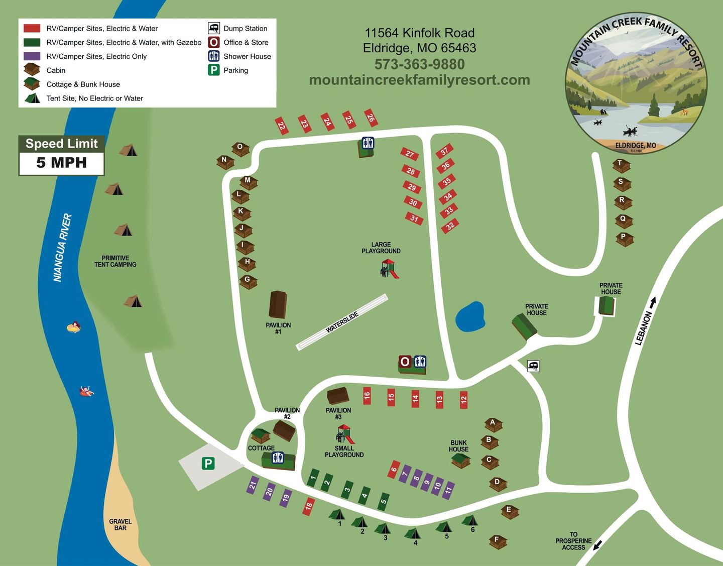 A map of a campground with a river in the background