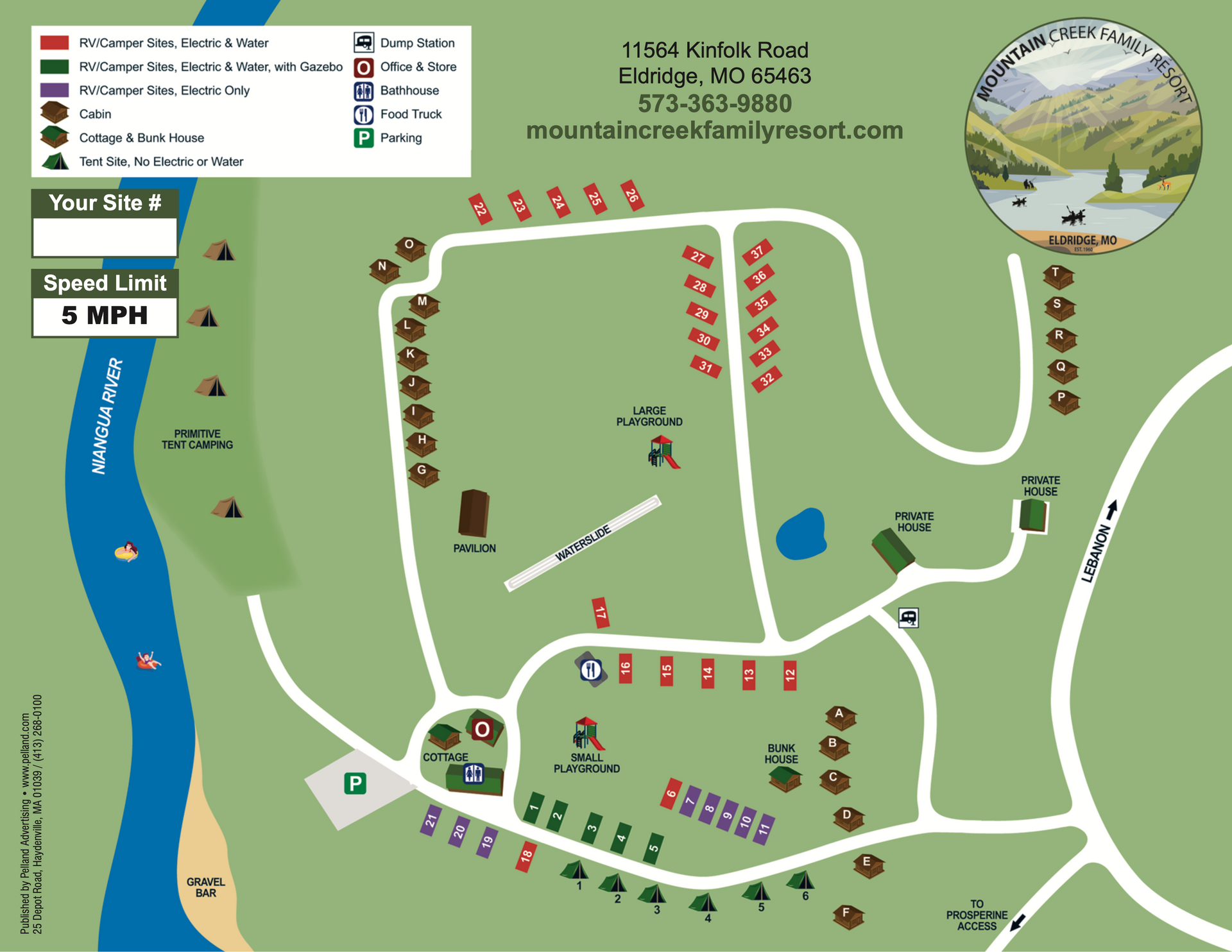 A map of a campground with a river in the background