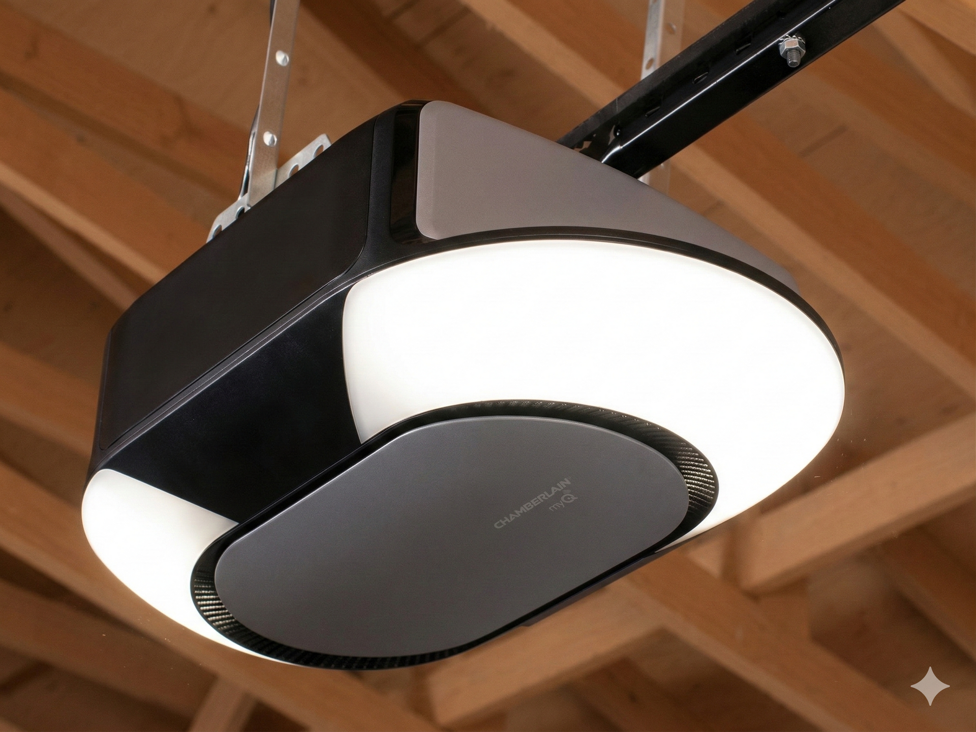 Garage door opener with bright built-in LED lights; mounted on wooden ceiling.