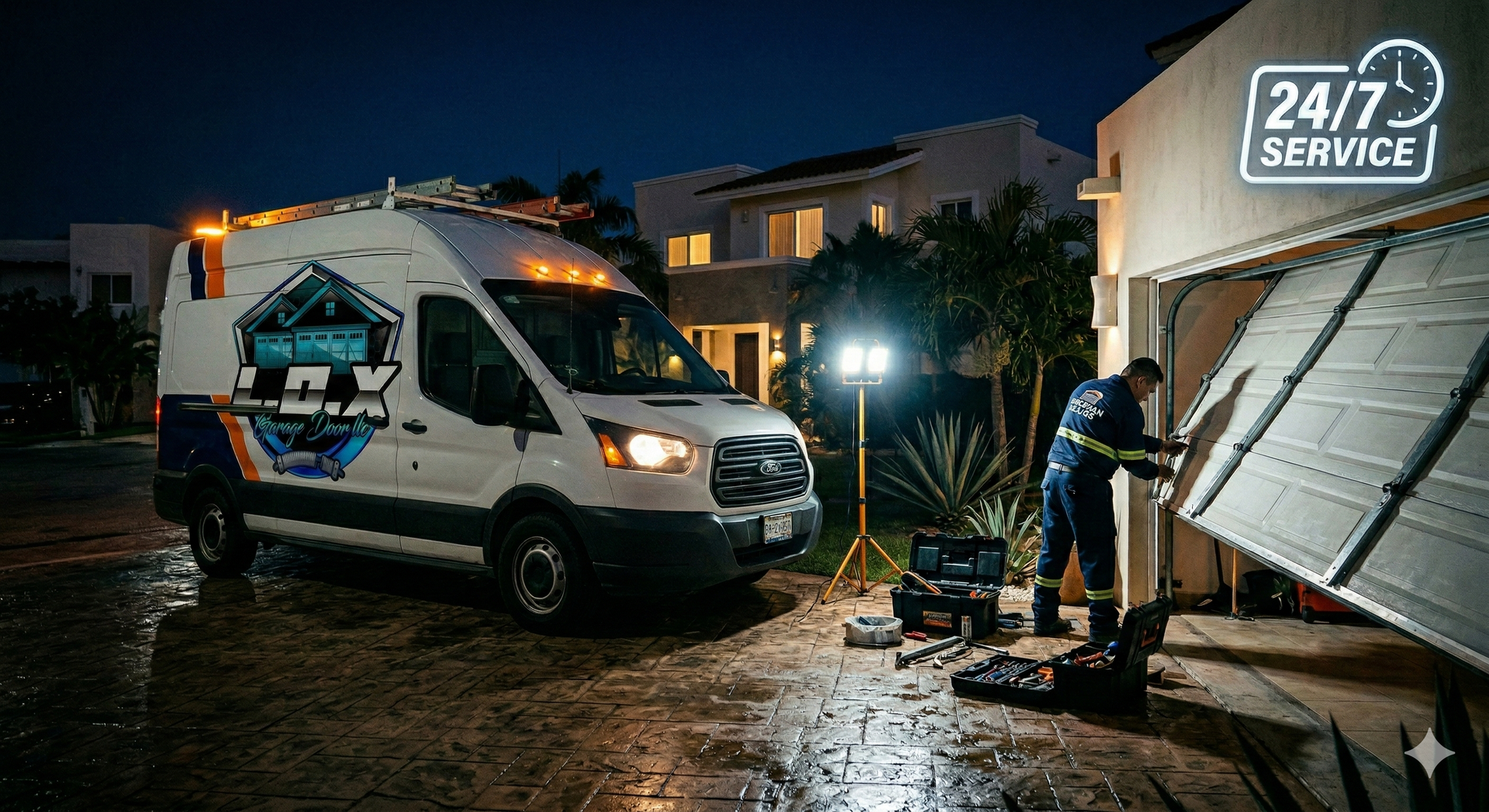 A garage door repairman works on a garage door at night. A service van is parked nearby.