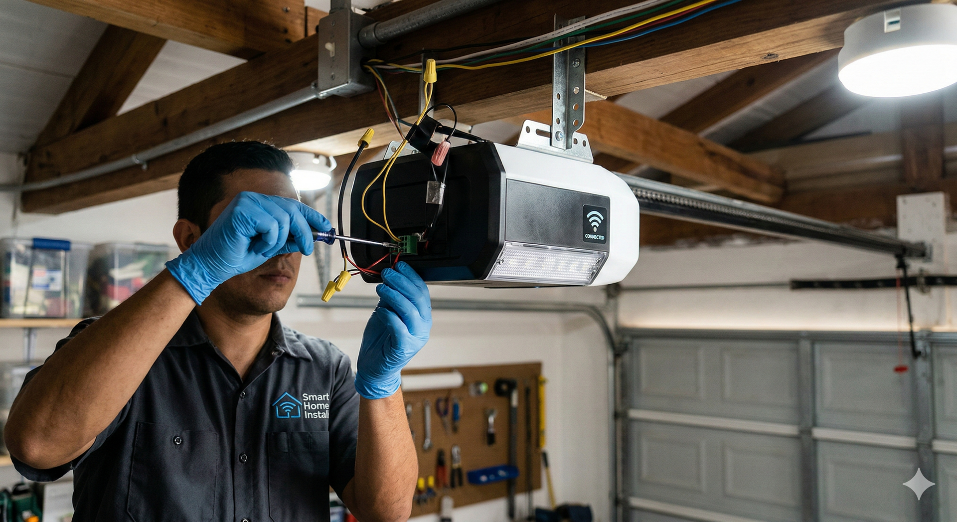 Man in blue gloves repairing garage door opener inside a garage.