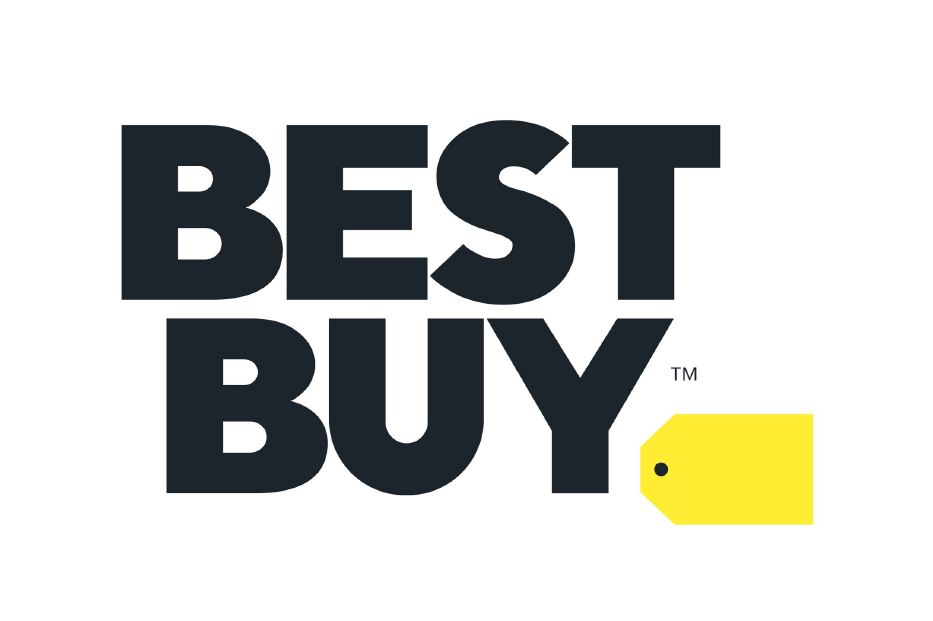 The best buy logo is black and yellow with a yellow tag.
