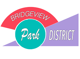 A logo for bridgeview park district with a red circle and a blue circle.