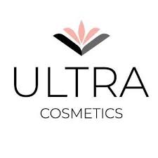 A logo for ultra cosmetics with a flower on a white background.
