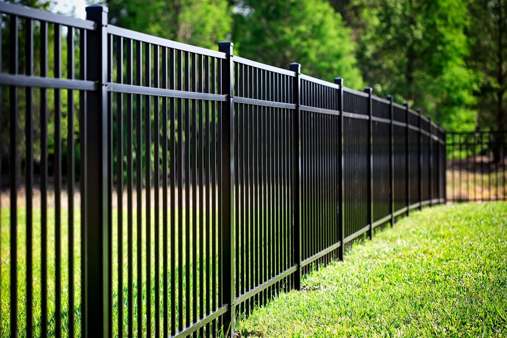 A black metal fence surrounds a lush green field.
