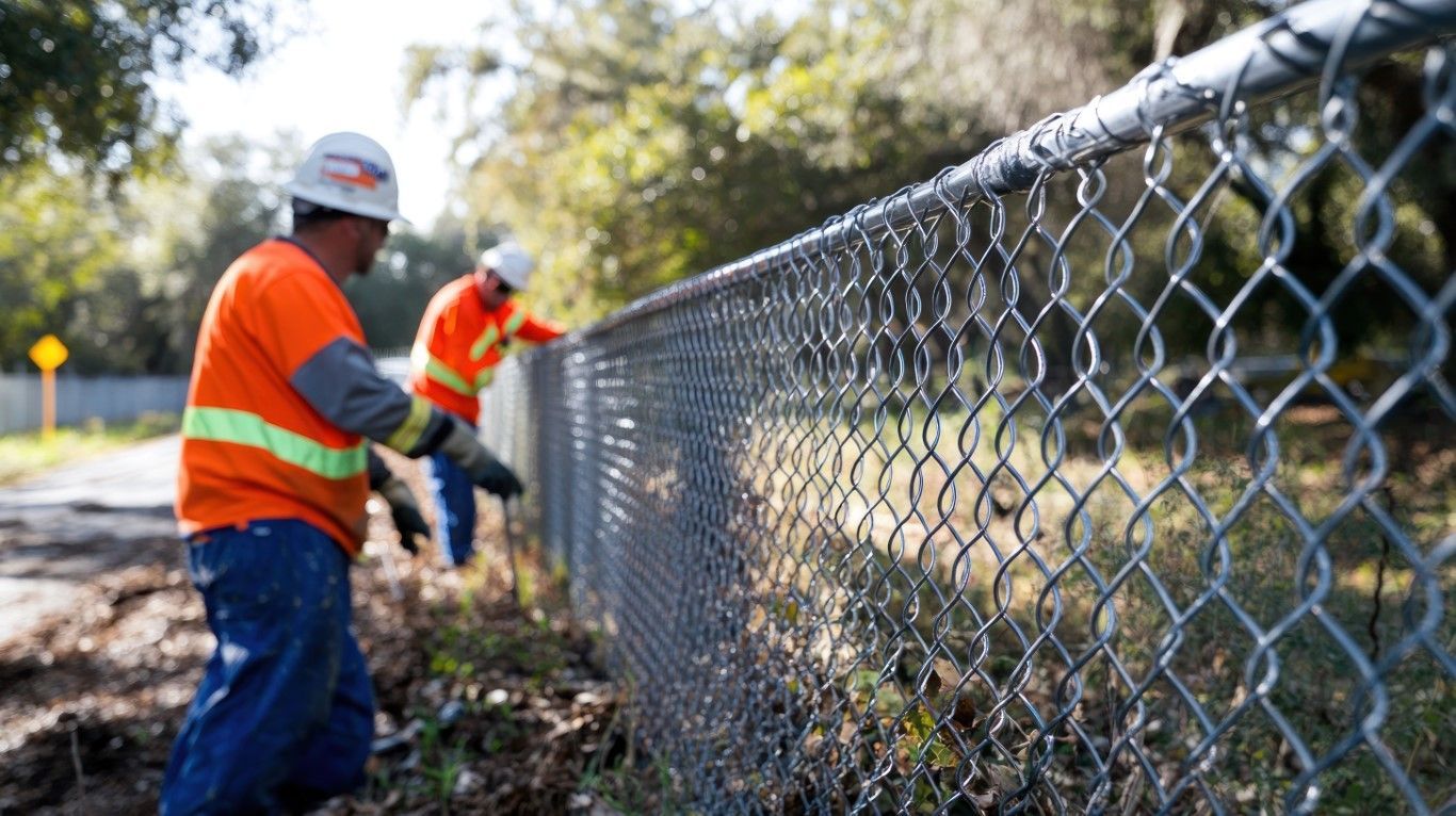 Two men are working on a chain link fence.