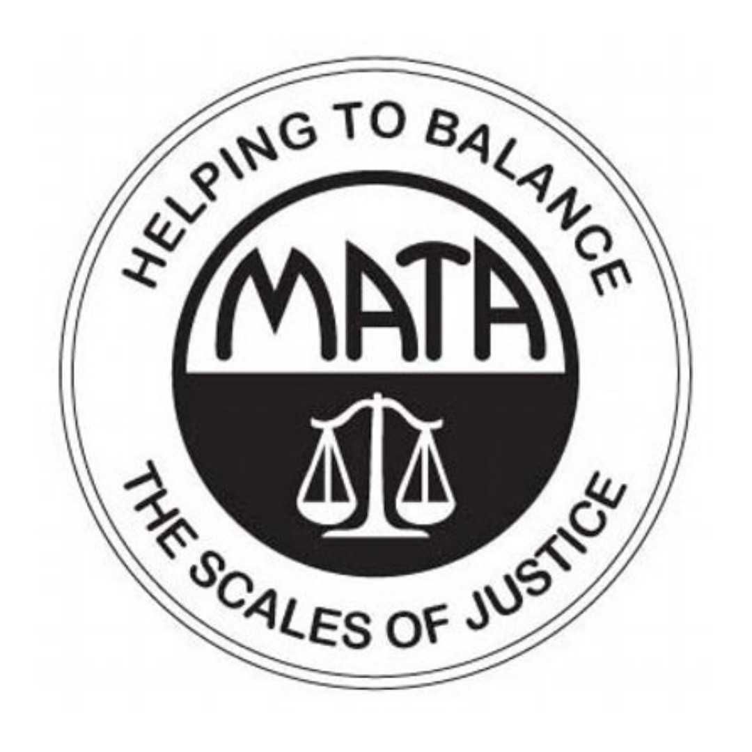 A black and white logo that says helping to balance the scales of justice