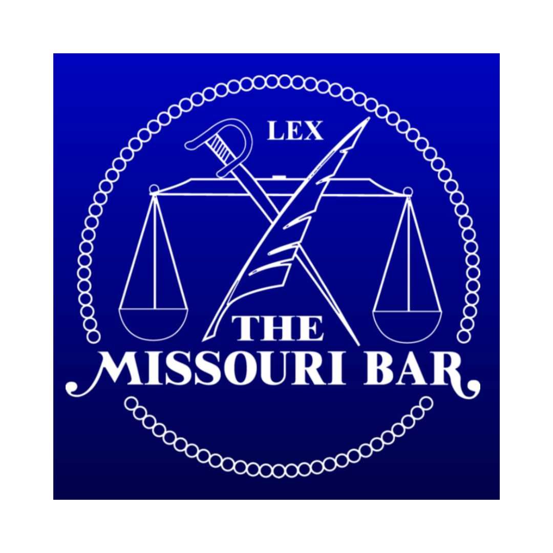 A blue and white logo for the missouri bar