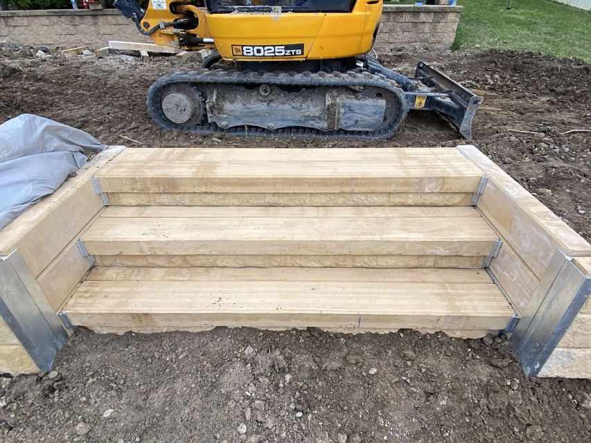 Three-step Stone Staircase Under Construction — Concrete Sleepers NSW in Sancrox, NSW