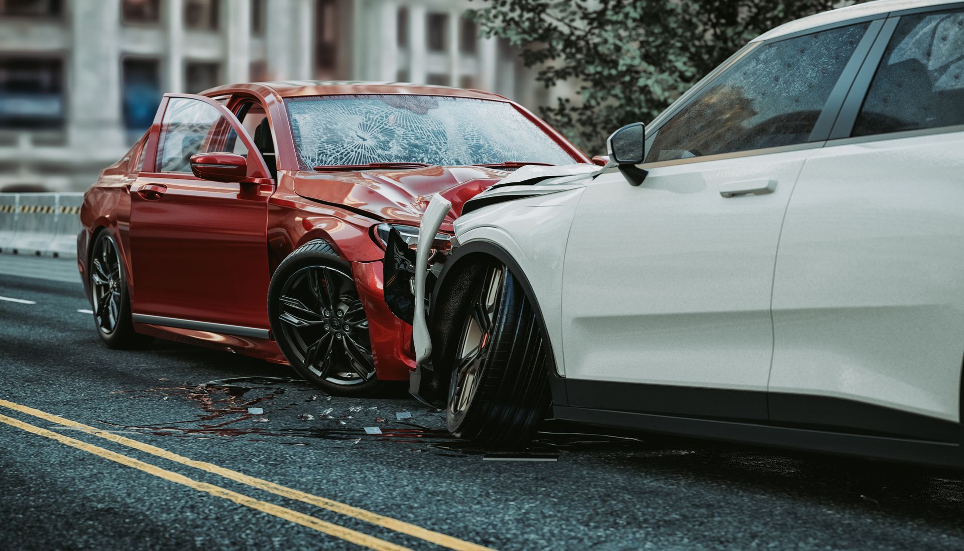 A red car and a white car are involved in a car accident on a city street.