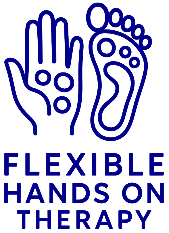 Blue outline of a hand and foot with circles, text below: Flexible Hands on Therapy.