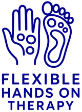Blue outline of a hand and foot with circles, text below: Flexible Hands on Therapy.