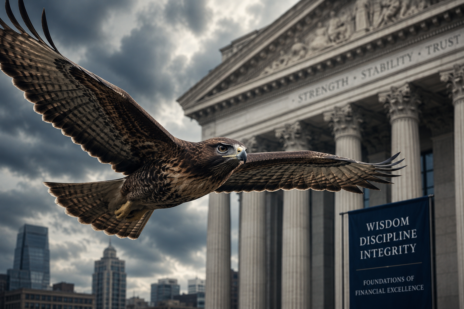 A powerful hawk soaring majestically against a backdrop of classical government architecture with co
