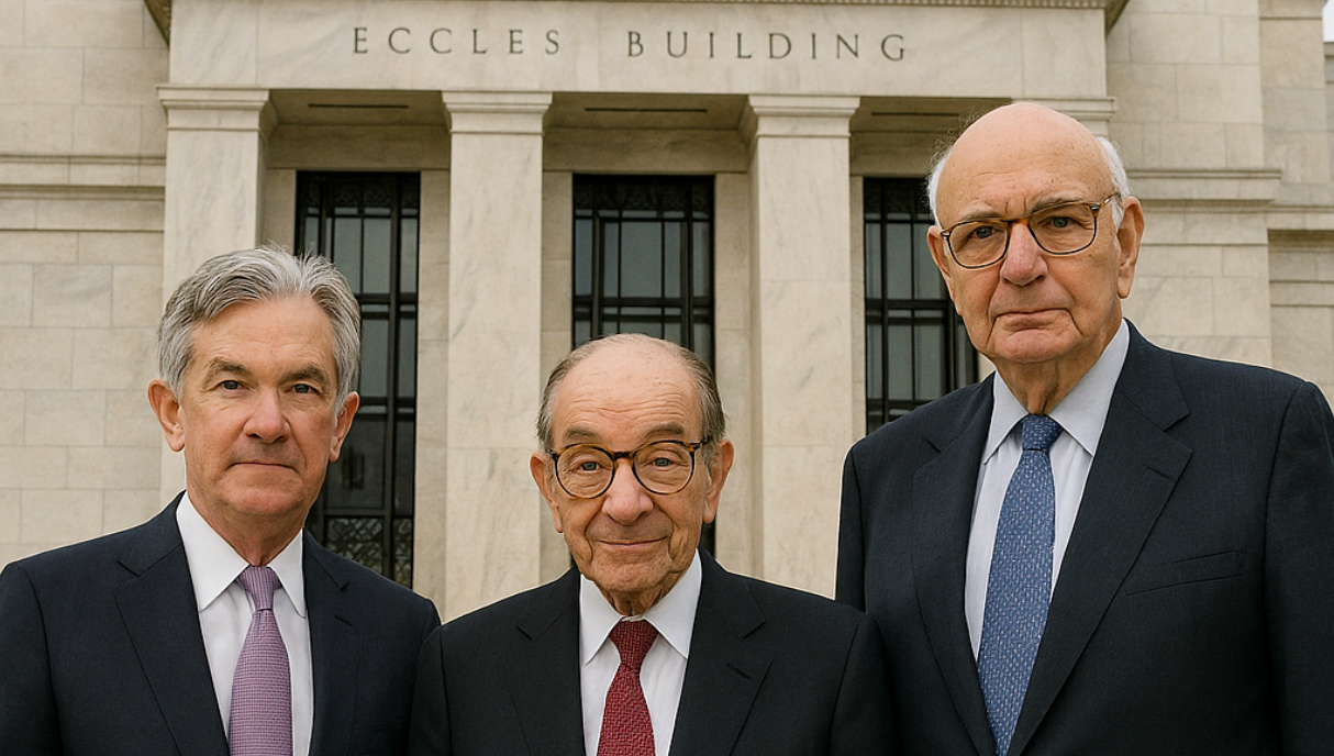 three old white men in suits who look like businessmen standing in front of a federal building