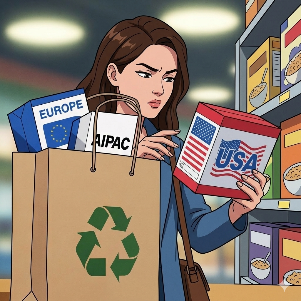 Illustration of a woman shopping with bags labeled 'Europe' and 'AIPAC', holding a USA-branded produ