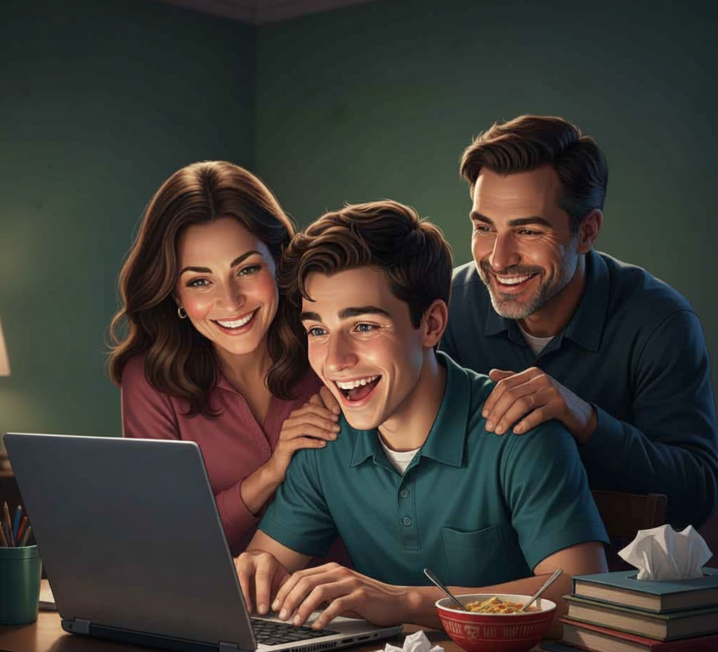 college financing family looking over kids solder at laptop as he applies for colleges