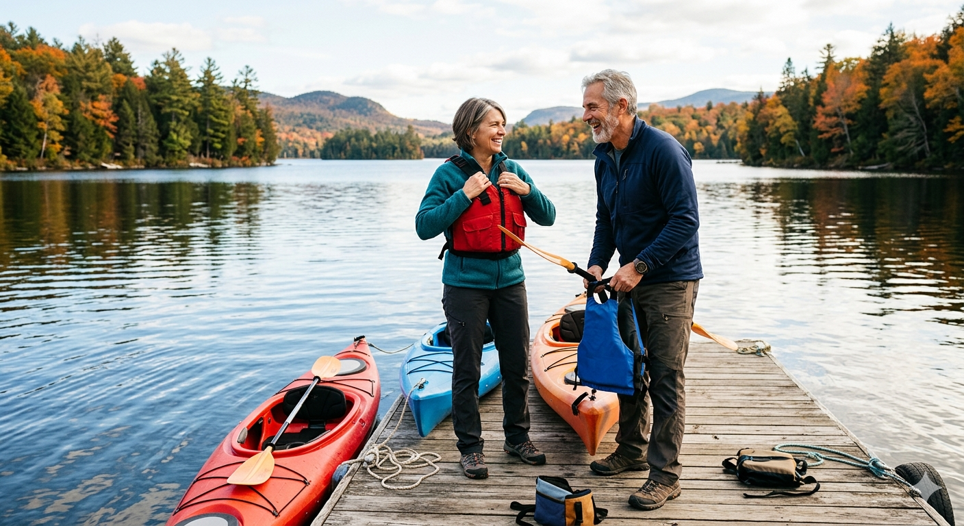 older white couple kayacking on river with life vests in beutiful mountain scenery