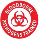 A bloodborne pathogen trained logo with a biohazard symbol in a red circle.