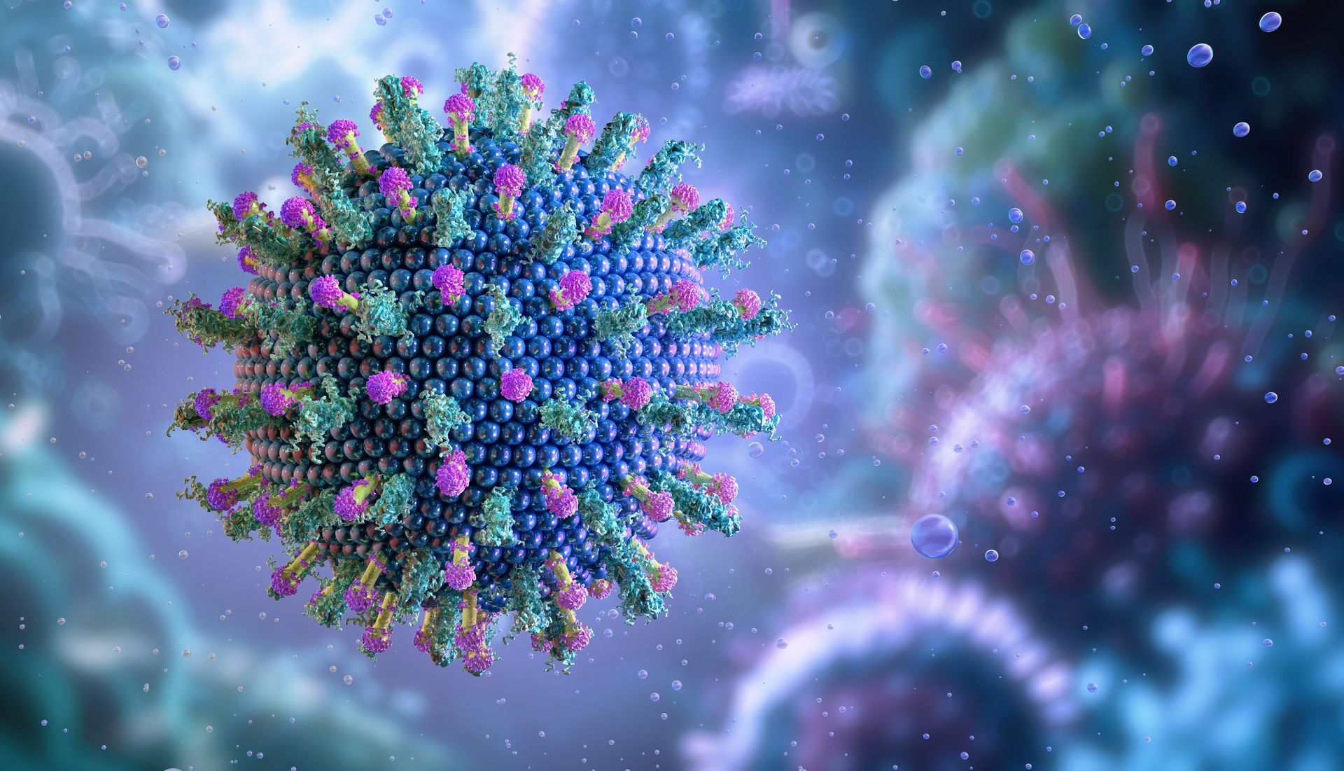 A computer generated image of a virus in a cell.