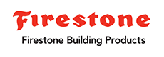 The logo for firestone building products is red and black on a white background.