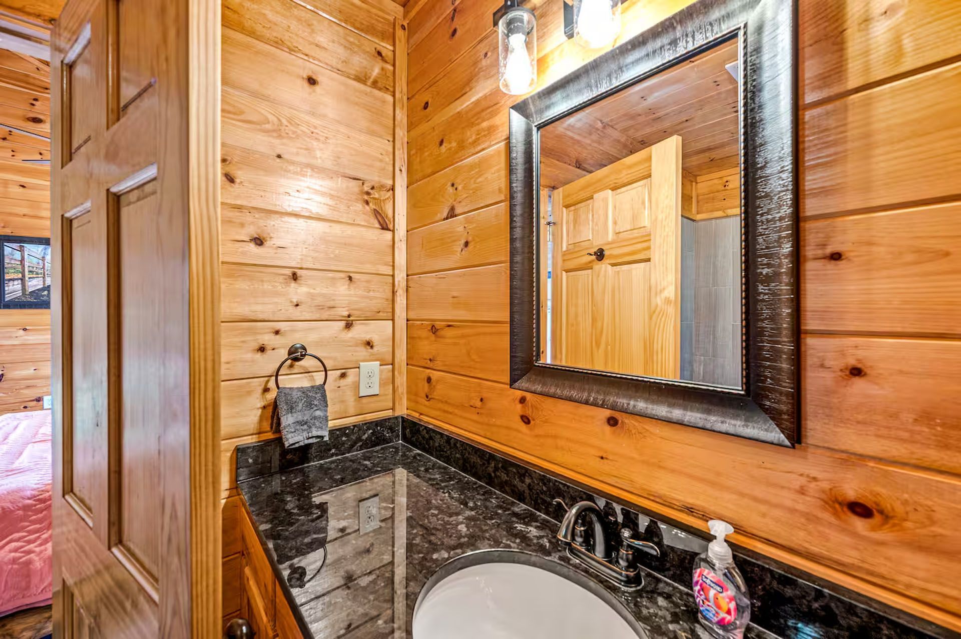 Bathroom with wood paneling, a dark countertop, a mirror, and a door.