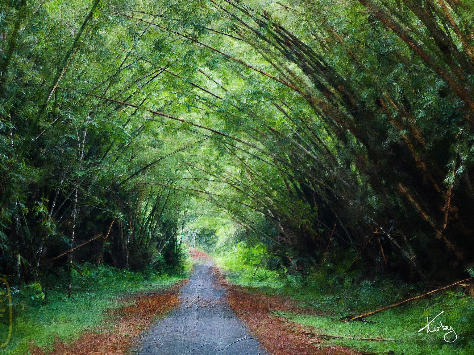 A painting of a road going through a lush green forest.