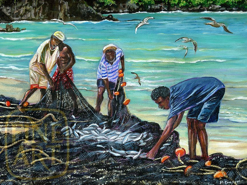 A painting of a group of men fishing on a beach.