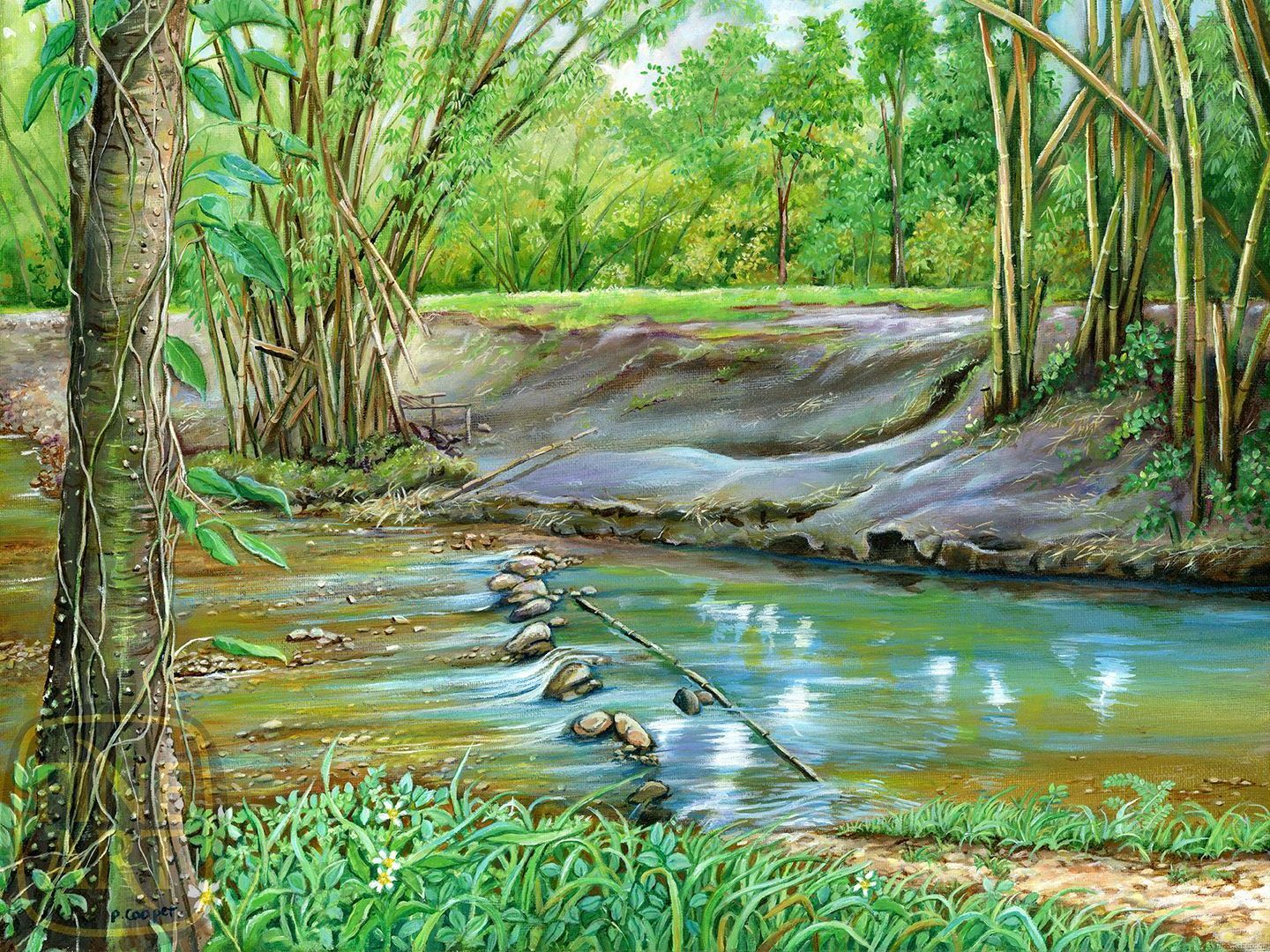 A painting of a river in the middle of a forest.