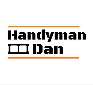 Logo for "Handyman Dan," black text with orange lines, brick graphic.