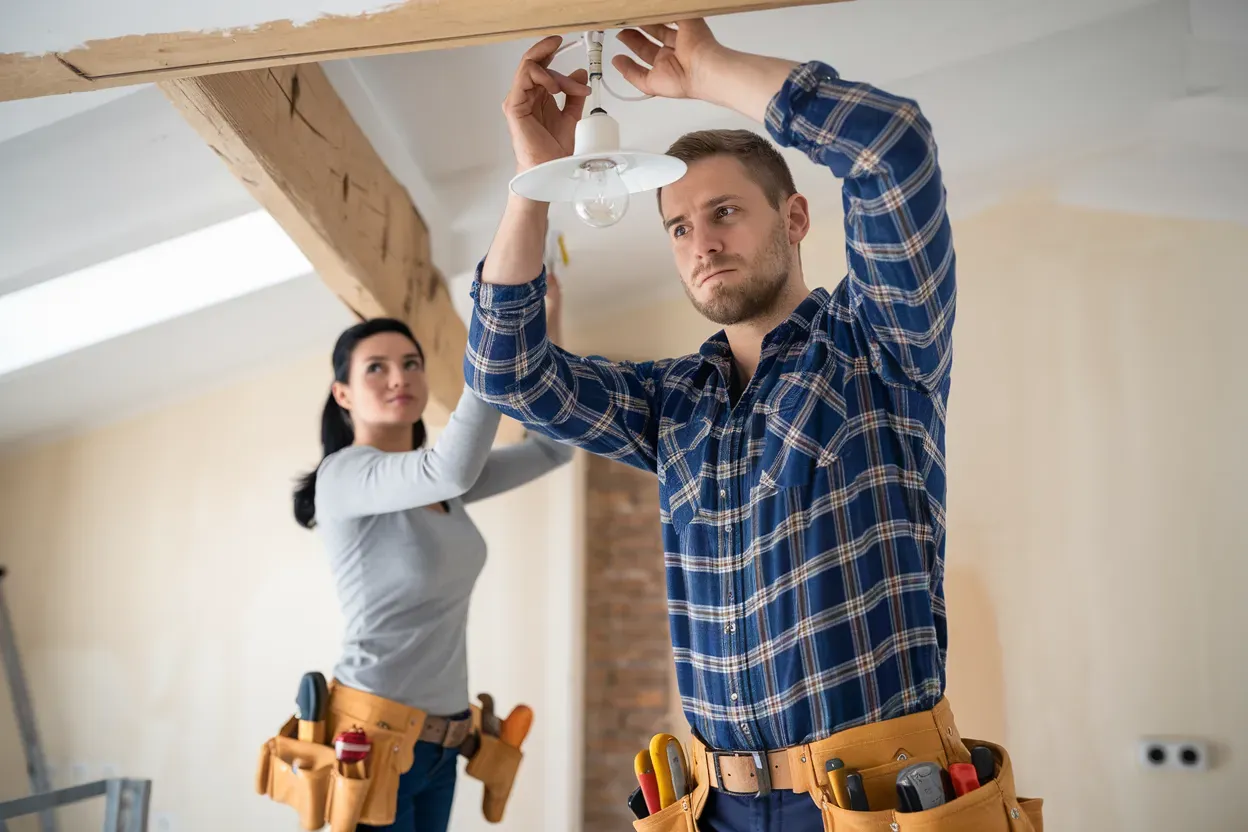 A man is working on a wall with a drill and a ladder.