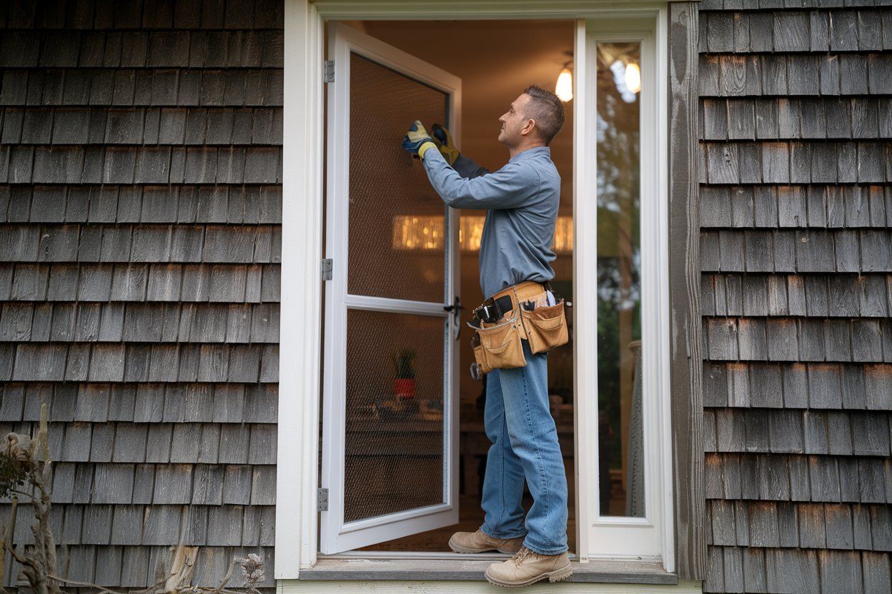 A man in a yellow vest is working on a screen door.