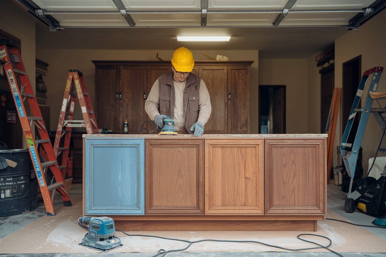 A man is sanding a piece of wood in a garage.