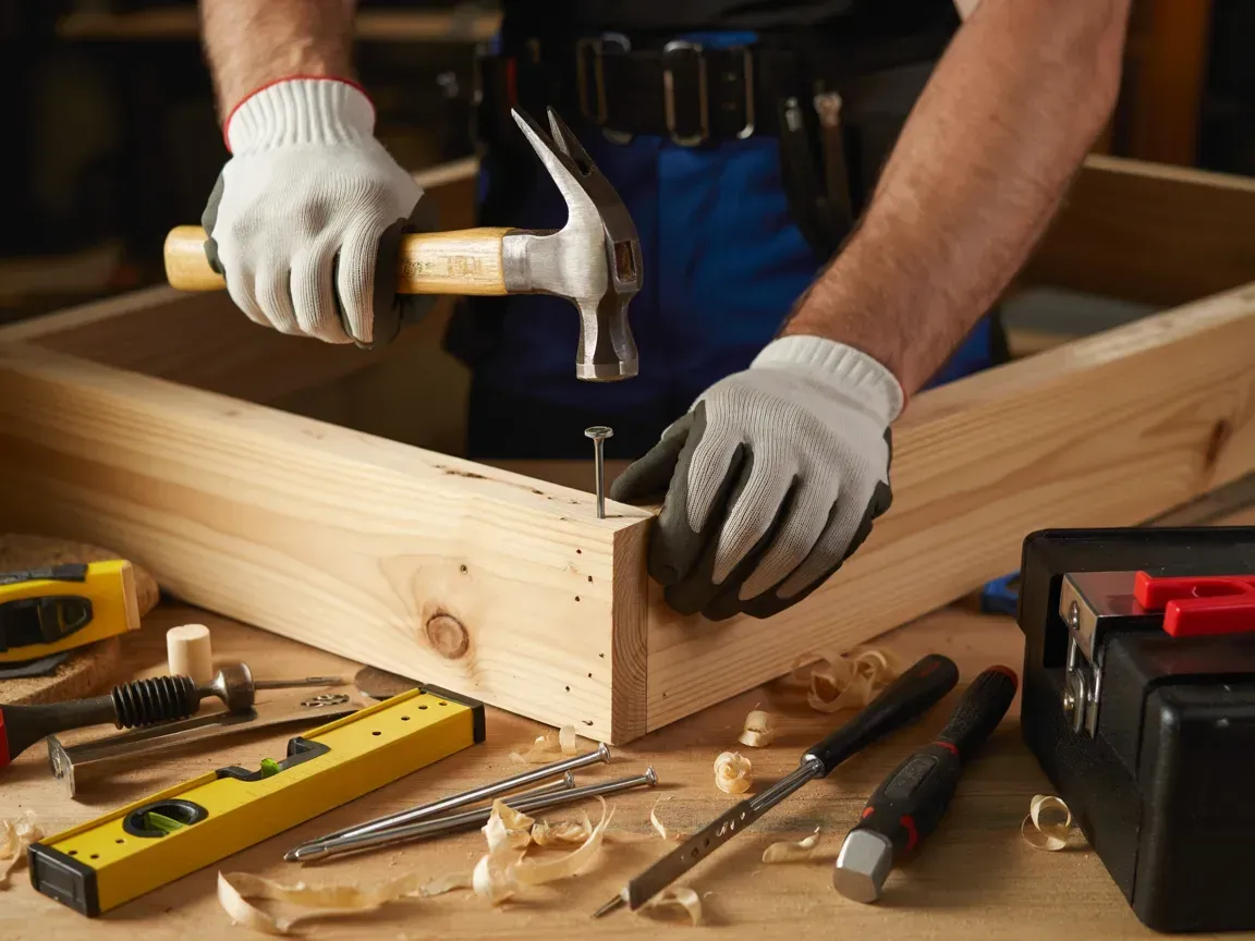 Person hammering a nail into wooden corner joint, workbench with tools.