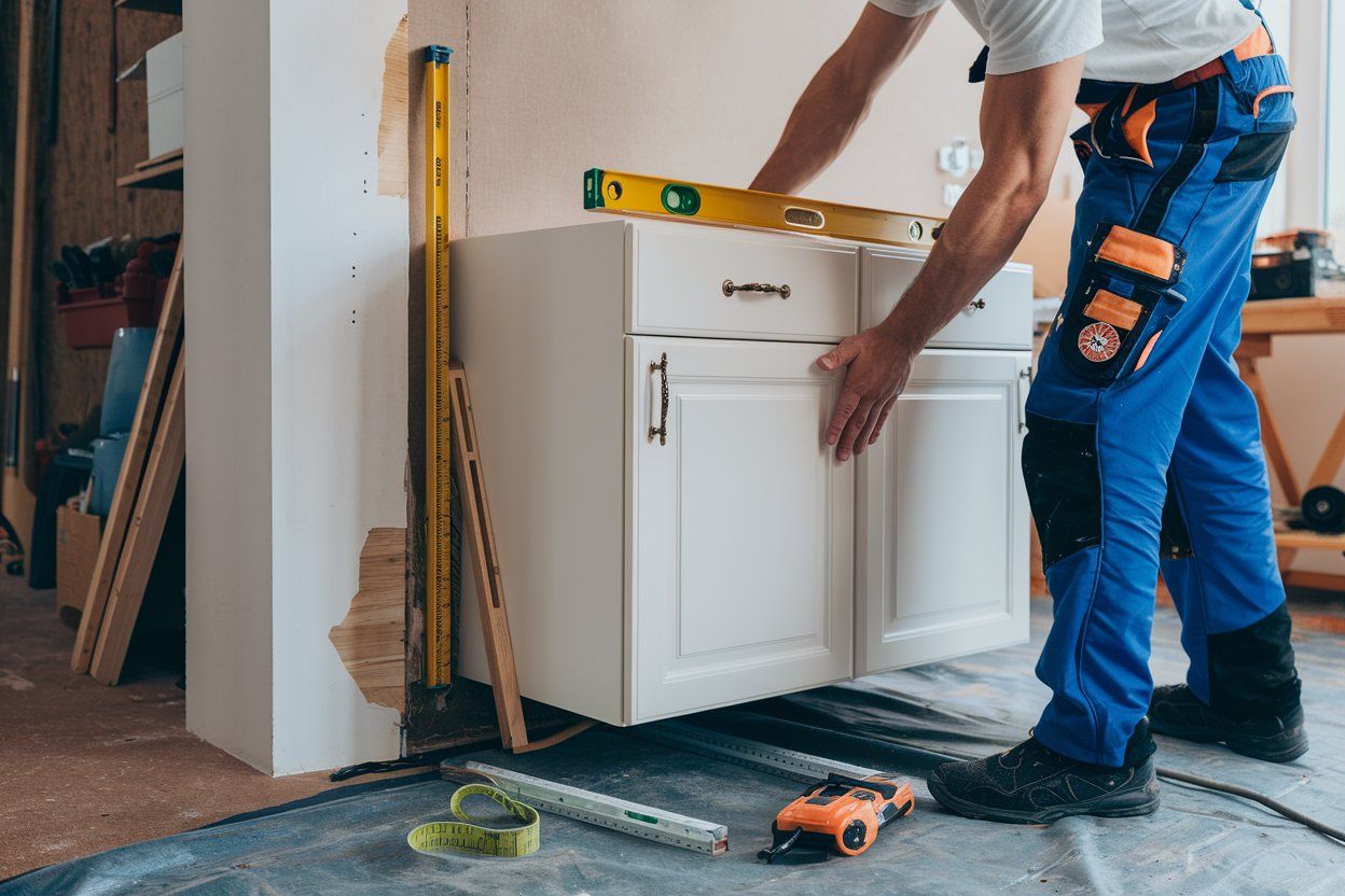 A man is measuring a cabinet with a level.