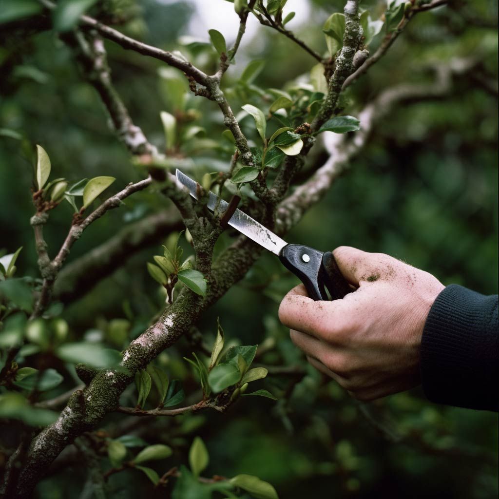 a person is cutting a tree branch with a pair of scissors