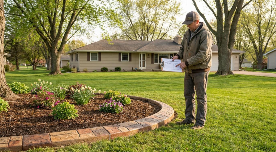 Person standing in a yard examining a garden bed beside a house, holding papers.