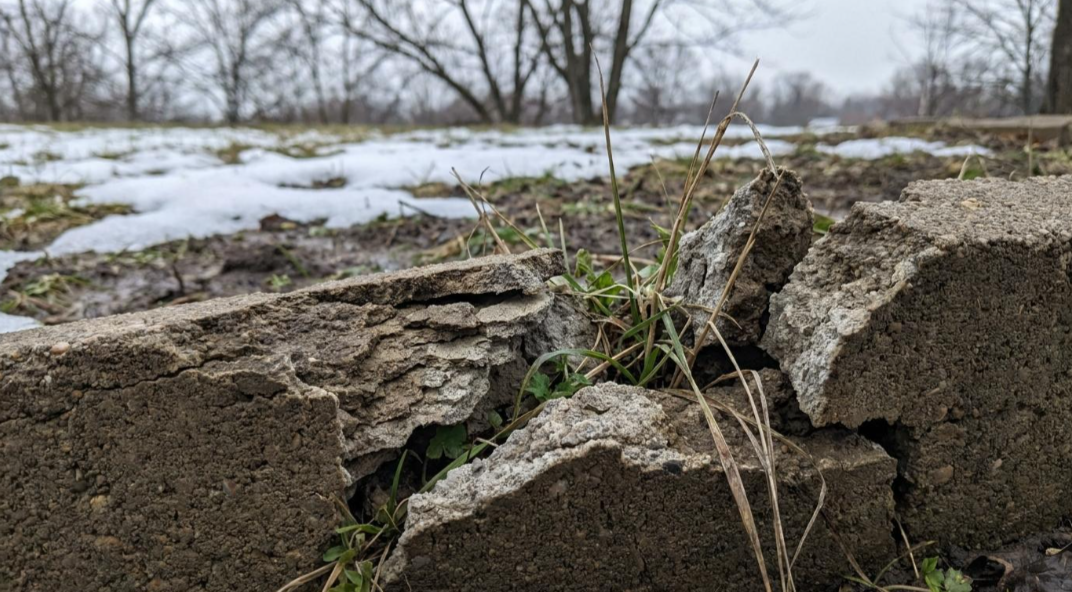 Cracked concrete slab with weeds, snow patches, and bare trees in the background