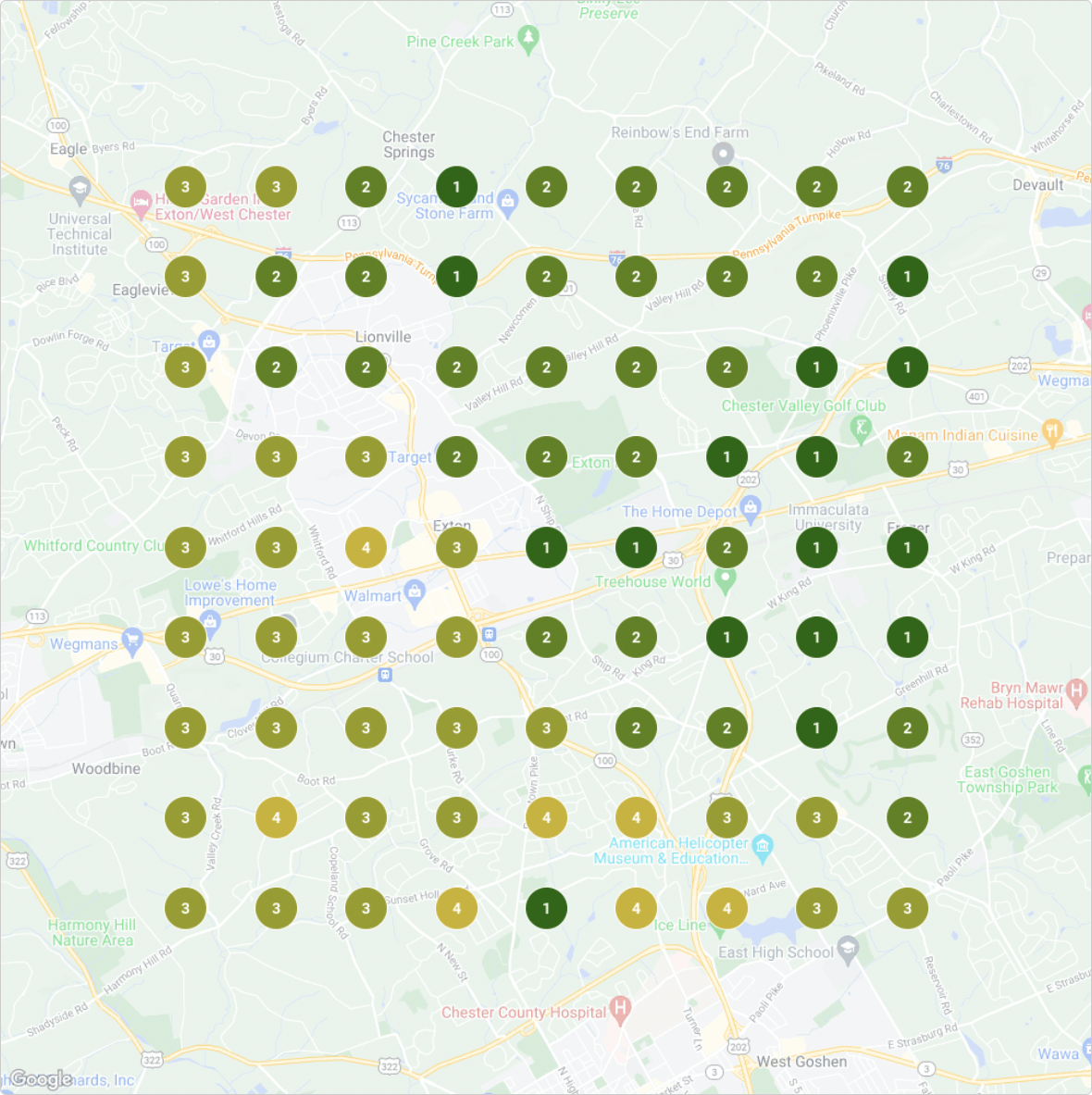 A map of a city with green dots on it.