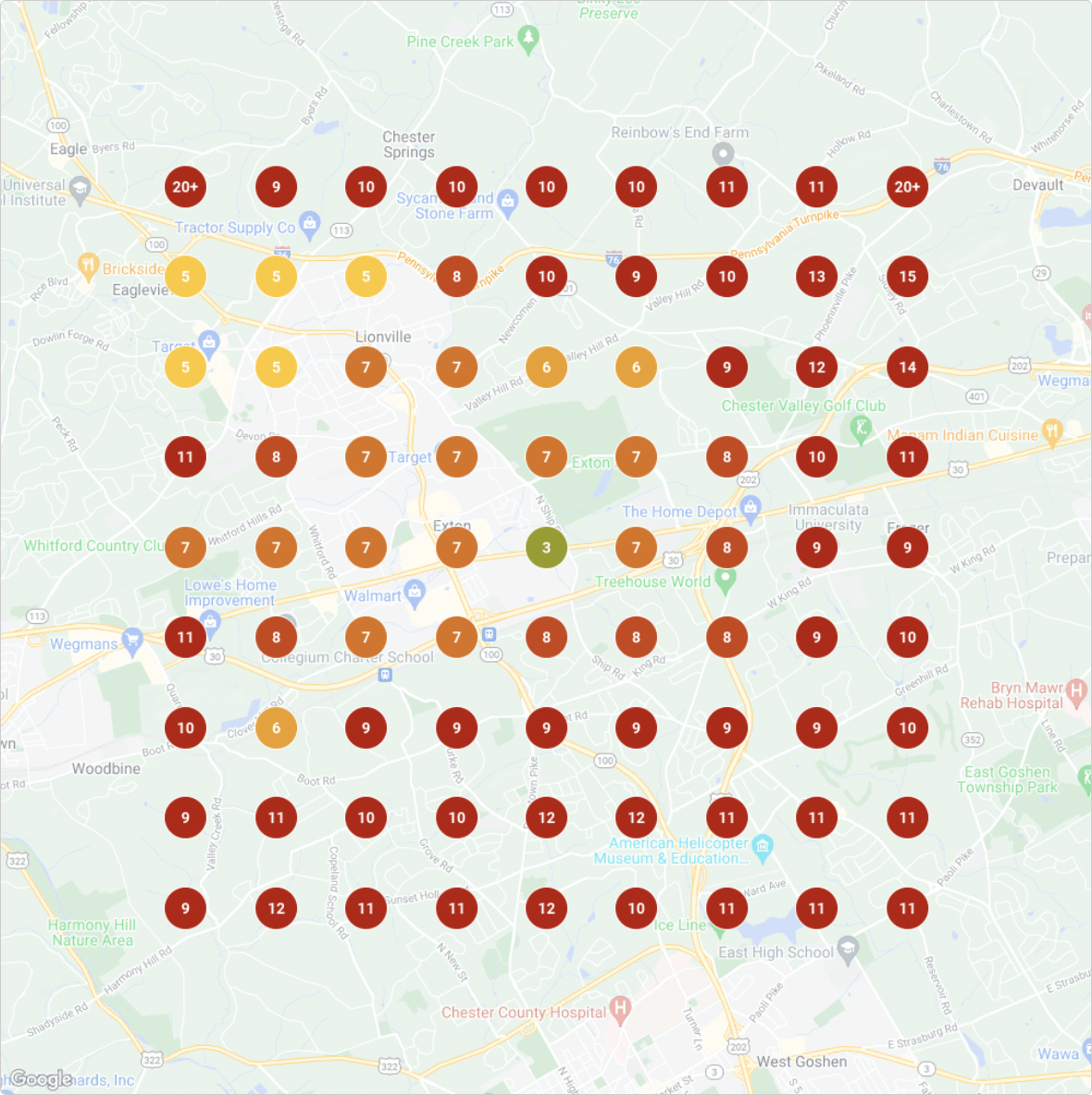 A map of a city with red and yellow dots on it.