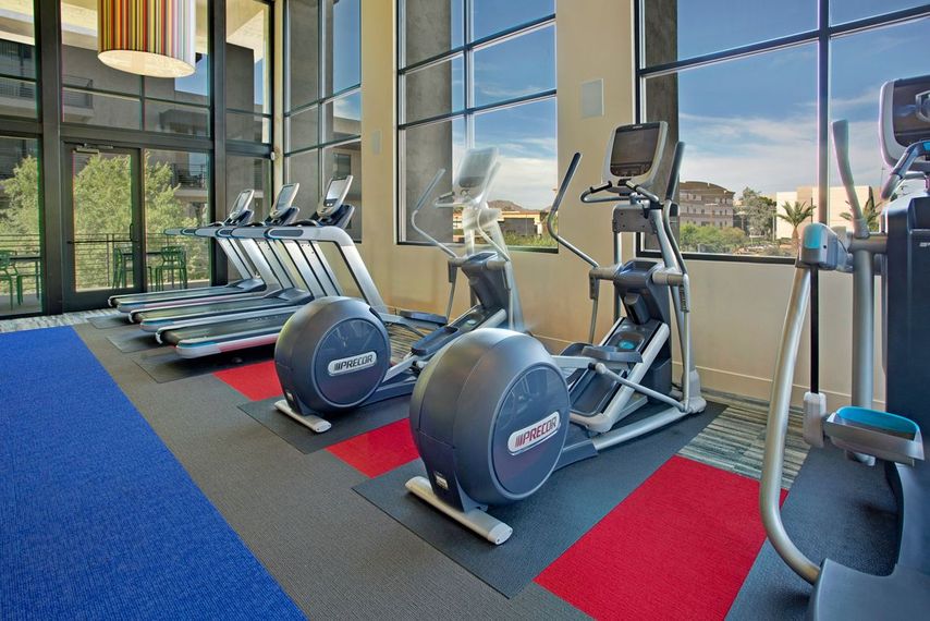 A gym with a lot of exercise equipment and a lot of windows.