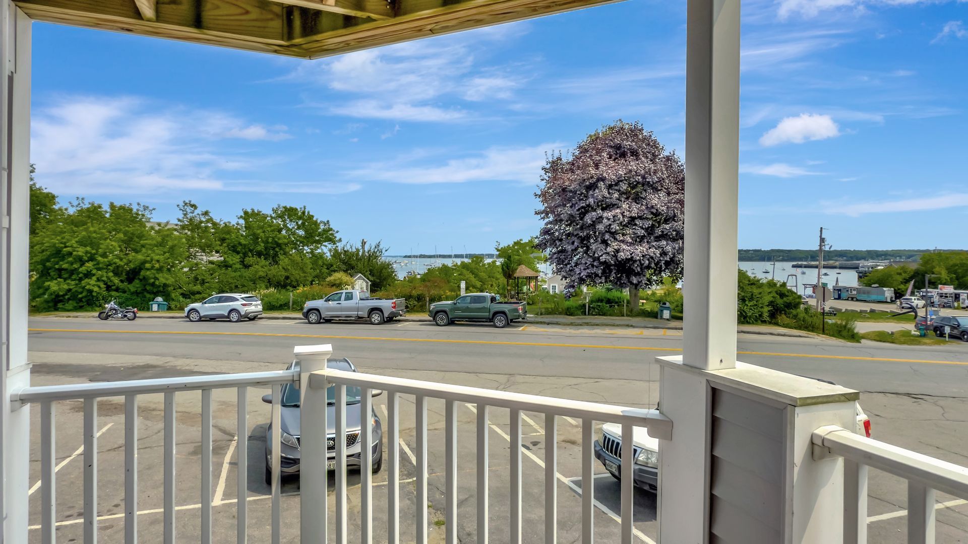 View from a porch: cars on a street, blue sky, harbor, trees, and a large pink-leafed tree.
