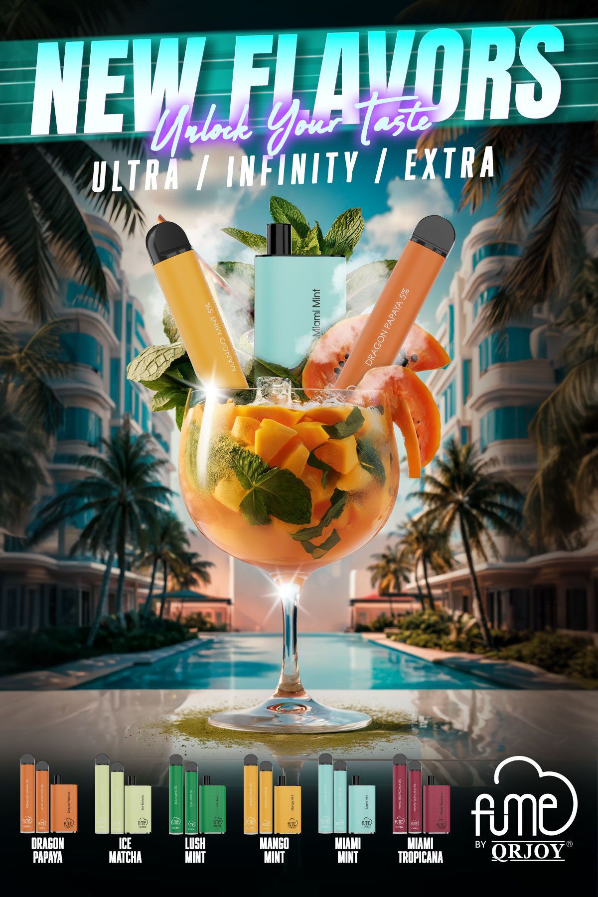 Advertisement for Fume disposable vapes. Cocktail glass with fruit and vapes in front of a resort backdrop.