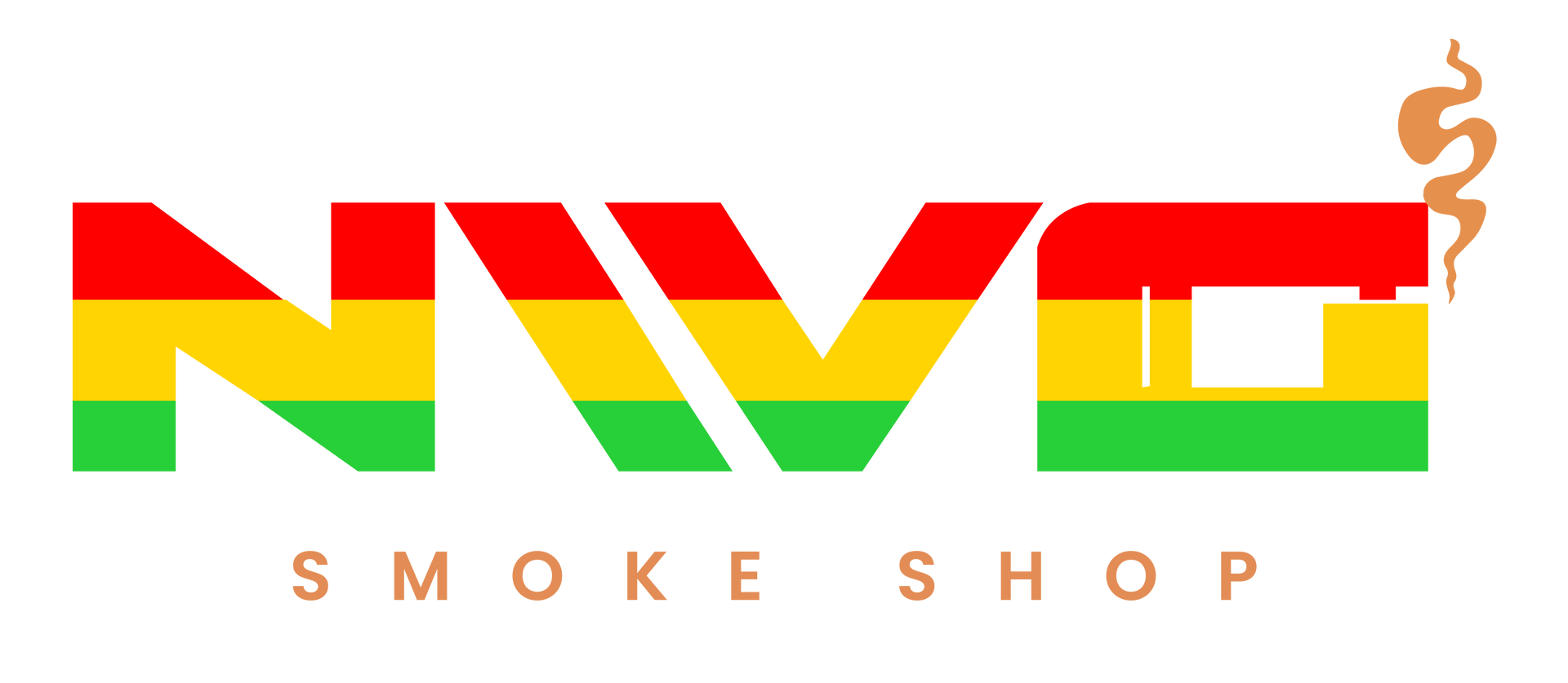 Logo for NVO Smoke Shop, red, yellow, green letters with smoke rising. 