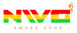 Logo for NVO Smoke Shop, red, yellow, green letters with smoke rising. 